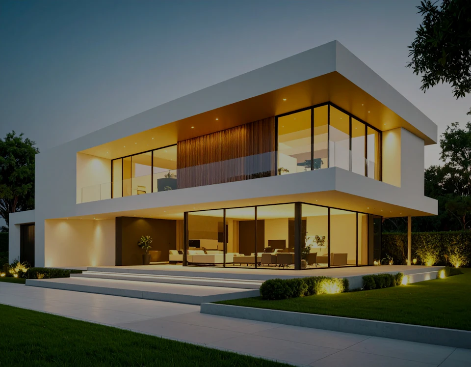 Casa moderna iluminada ao anoitecer